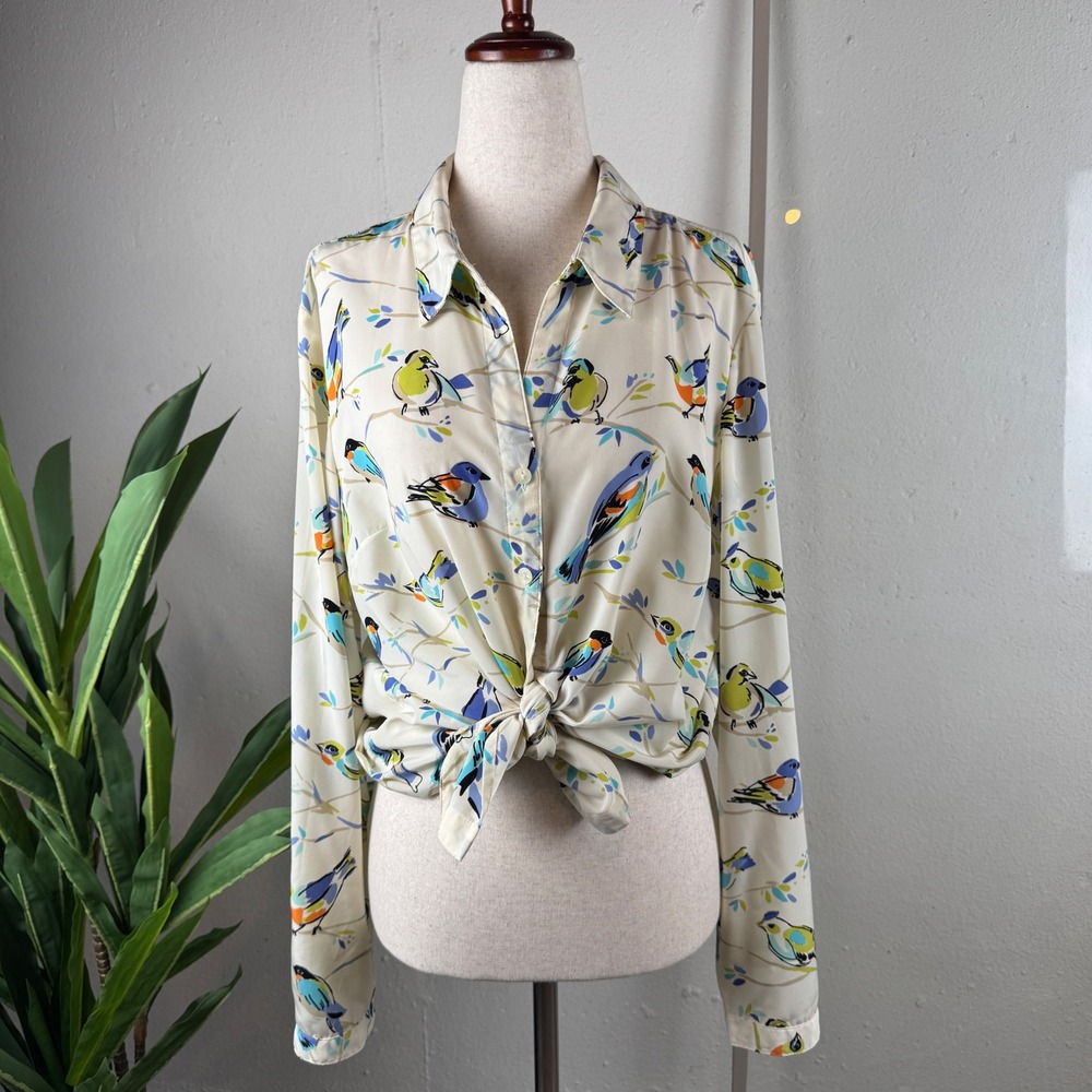 Whimsical Bird Print Cottagecore Vintage Blouse Women 16P Long Sleeve Button Up